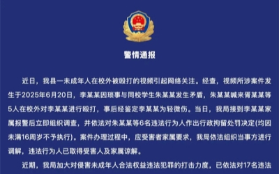 江西一未成年人在校外被殴打，6人被行拘